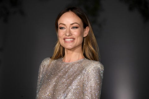 A photo of Olivia Wilde smiling and wearing a silver sparkly sheer top