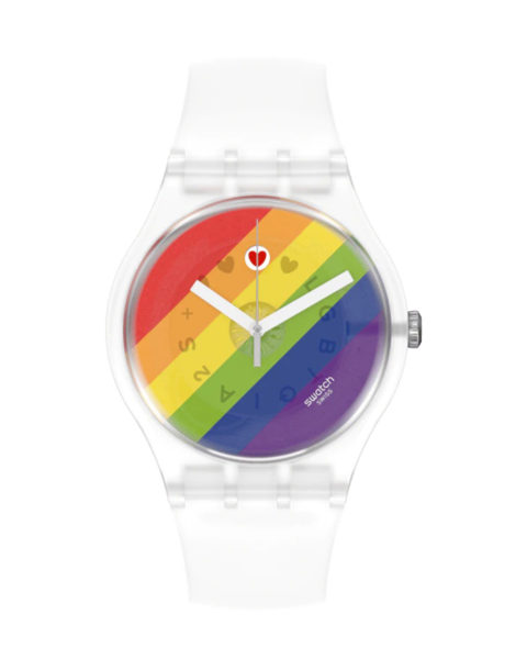 rainbow watches: a swatch watch with a rainbow stripe pattern printed on the face